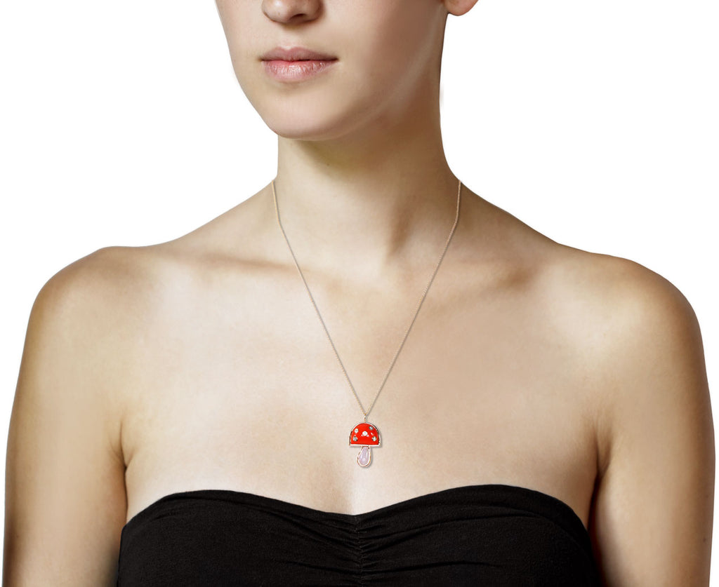 Coral, Moonstone and Diamond Mini Magic Mushroom Pendant Necklace
