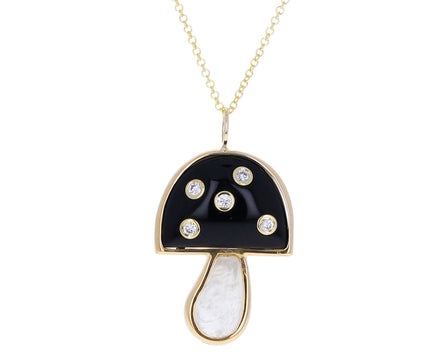 Onyx, Rainbow Moonstone and Diamond Mini Mushroom Necklace