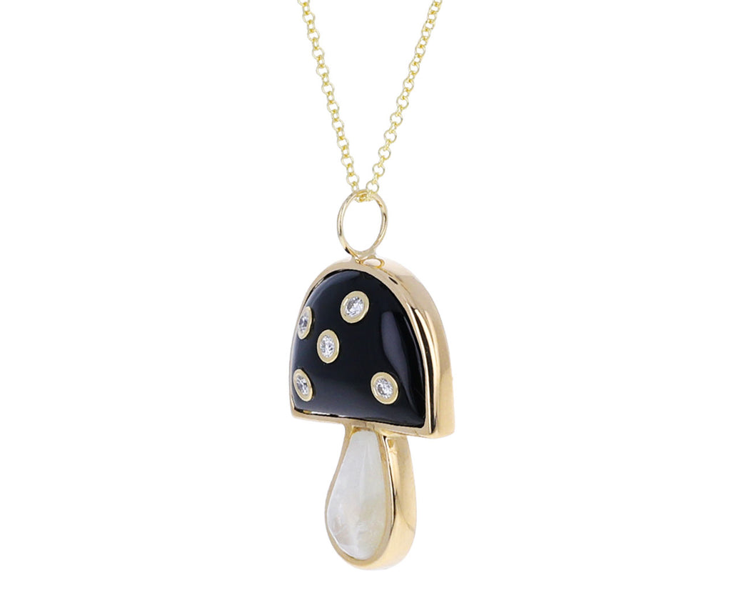 Onyx, Rainbow Moonstone and Diamond Mini Mushroom Necklace