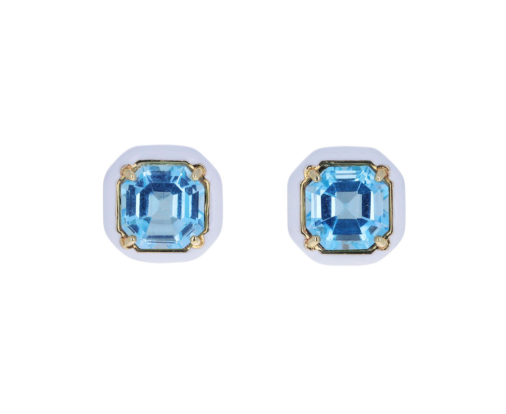 White Enamel and Blue Topaz Candy Octagon Earrings