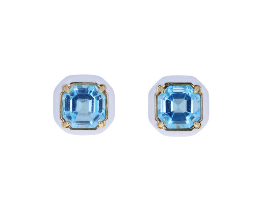White Enamel and Blue Topaz Candy Octagon Earrings