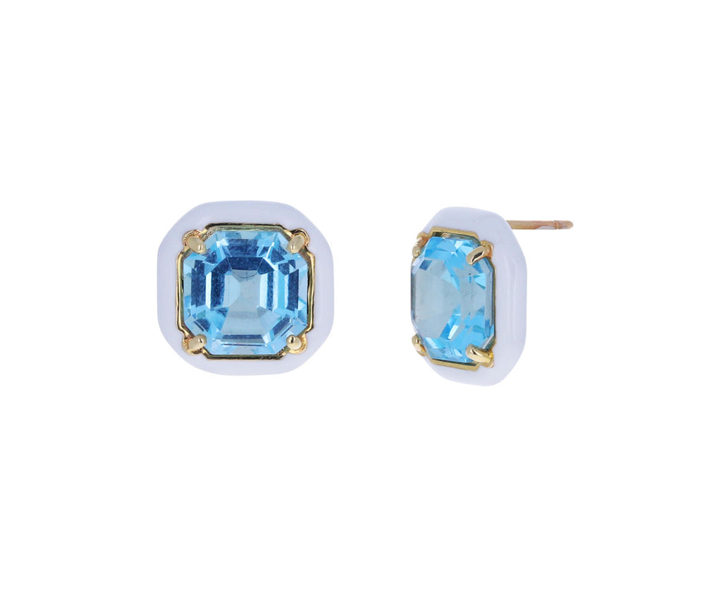 White Enamel and Blue Topaz Candy Octagon Earrings