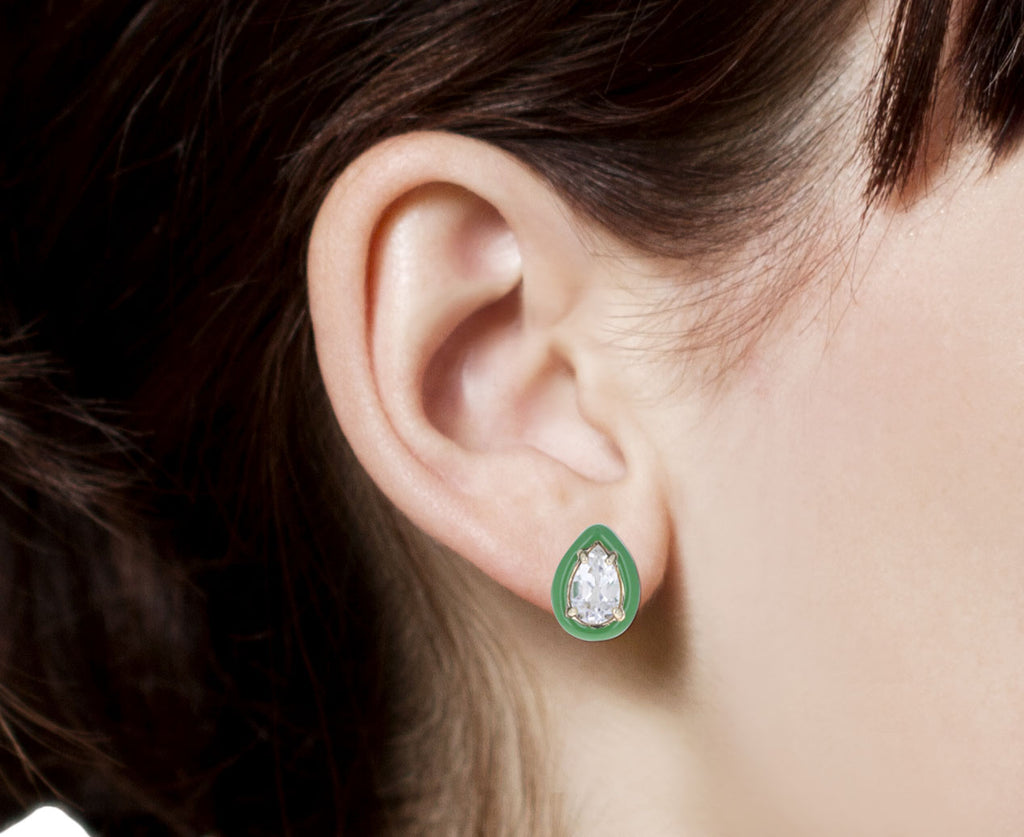 Rock Crystal and Green Enamel Gum Drop Earrings