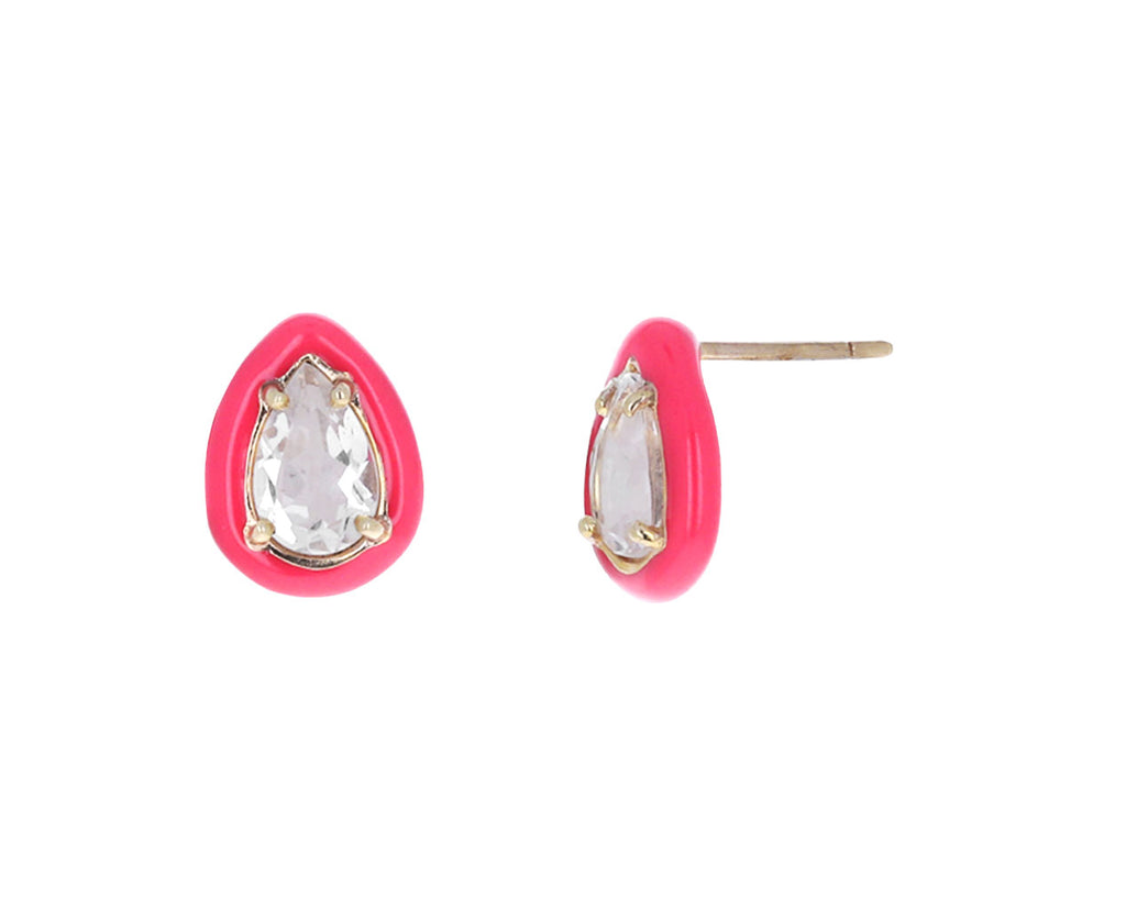 Rock Crystal and Pink Enamel Gum Drop Earrings