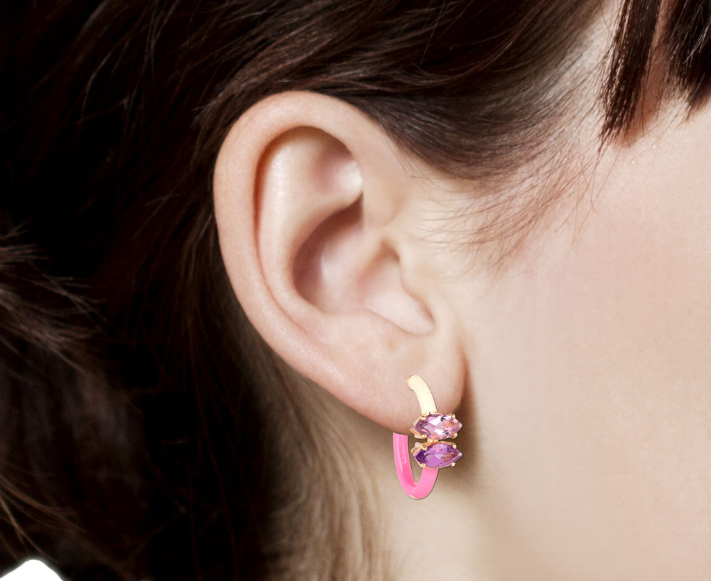 Bea Bongiasca Pink and Cream Double Marquise Amethyst B Hoop Earrings Close Up Profile