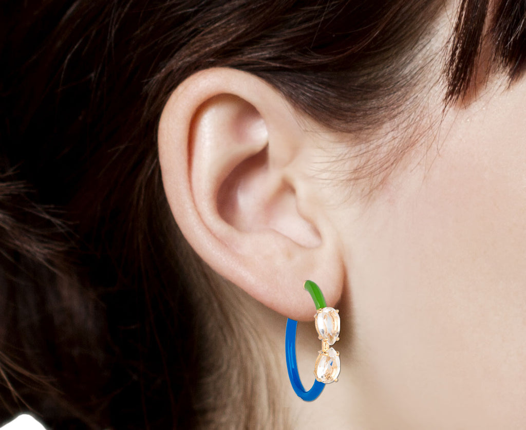 Bea Bongiasca Pistachio and Cobalt Rock Crystal Drop Cut Vine Hoop Earrings Close Up Profile