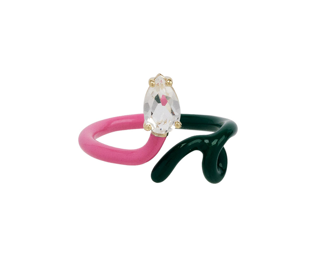 Bubblegum Pink and Evergreen Enamel Rock Crystal Vine Ring