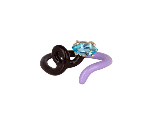 Bea Bongiasca Cherry Chocolate and Lavender Enamel Blue Topaz Vine Ring