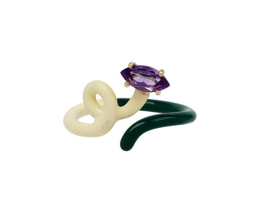 Evergreen and Panna Cream Enamel Amethyst Vine Ring