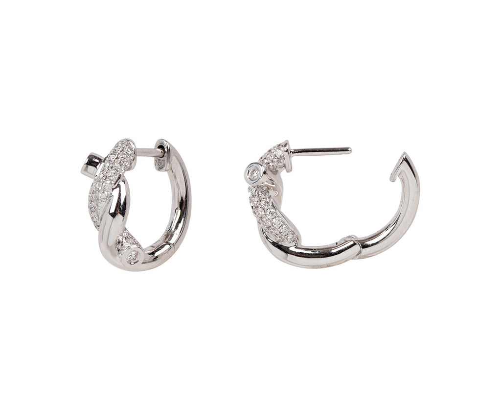 Boochier White Gold Diamond Ties Huggie Hoop Earrings Clasp Side Open