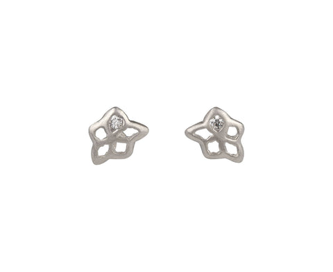 Five Petal Silver and Diamond Flower Stud Earrings