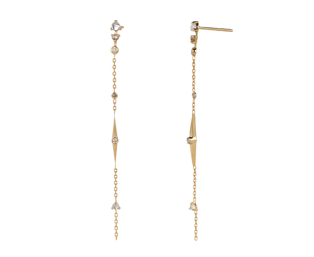 Celine Daoust Moonstone and Diamond Long Chain Earrings Side View