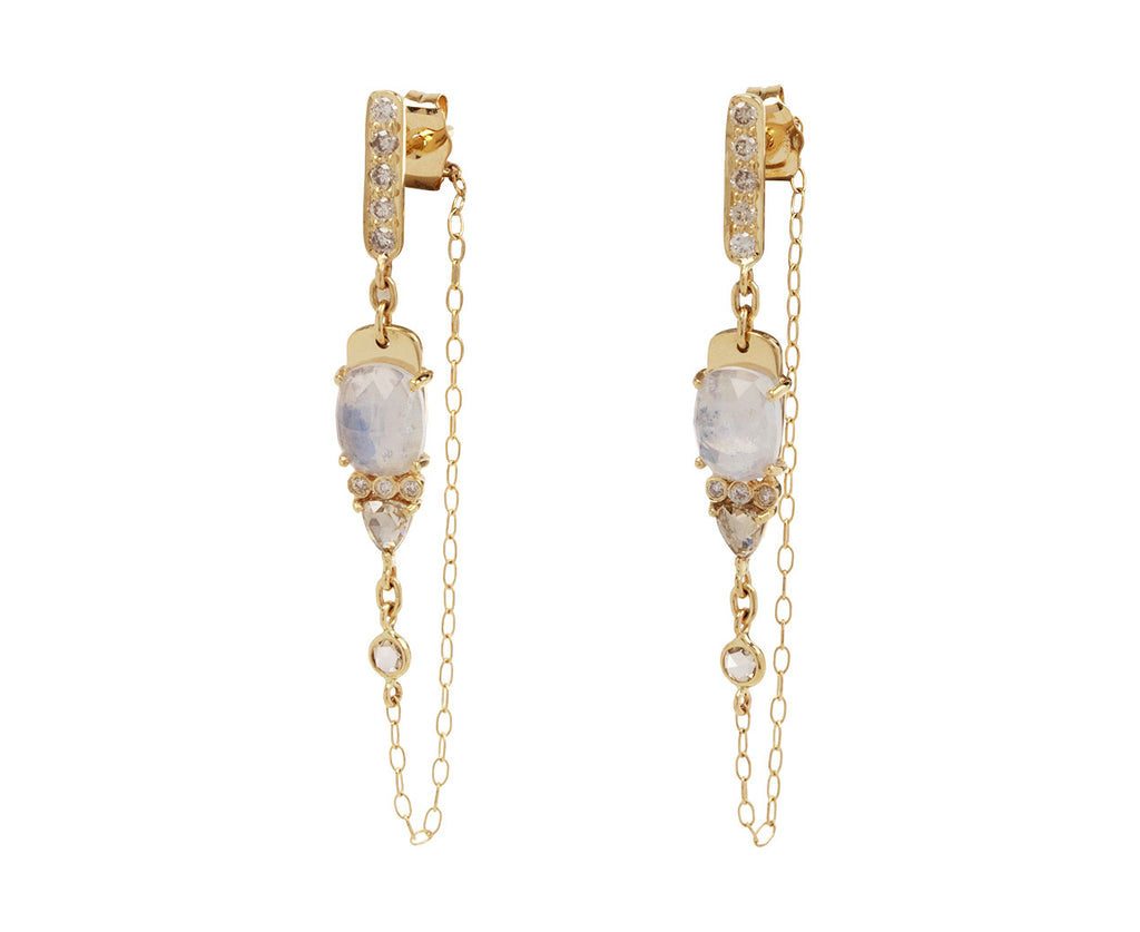 Rose Cut Moonstone and Diamond Chain Earrings