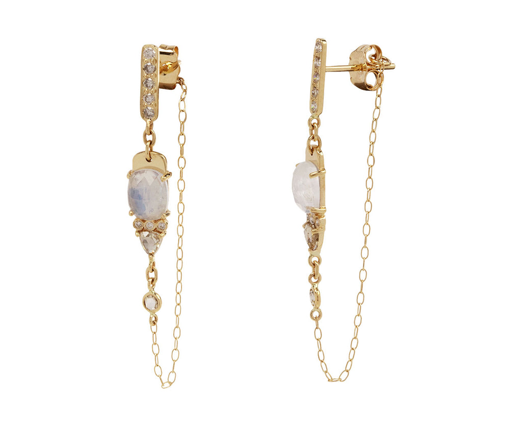 Rose Cut Moonstone and Diamond Chain Earrings