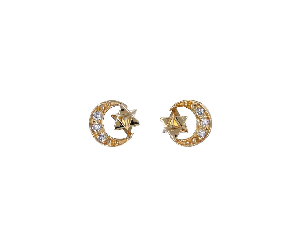 Diamond Moon and Merkaba Stud Earrings