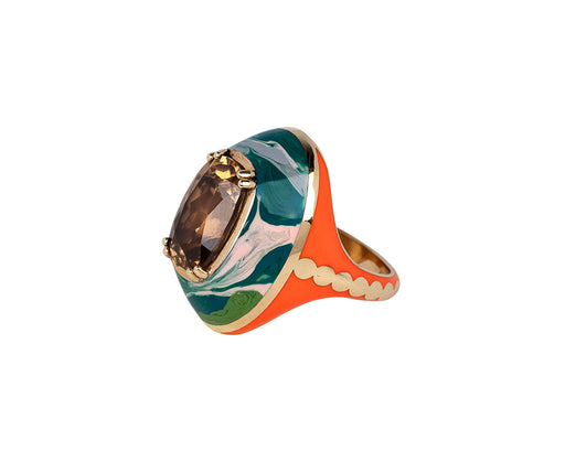 High Sari Marbled Enamel Brown Zircon Ring