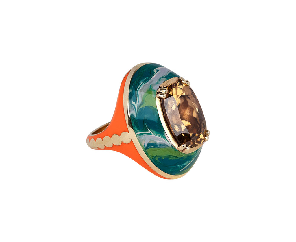 High Sari Marbled Enamel Brown Zircon Ring