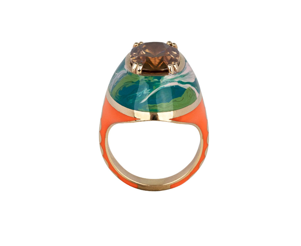 High Sari Marbled Enamel Brown Zircon Ring