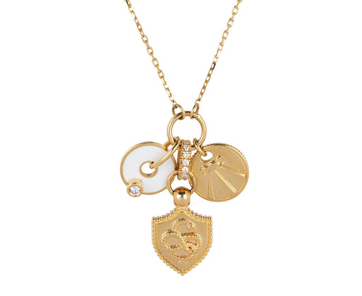 Foundrae Jewelry Wholeness Shield, White Disk Drop and Mind, Body, Soul Necklace