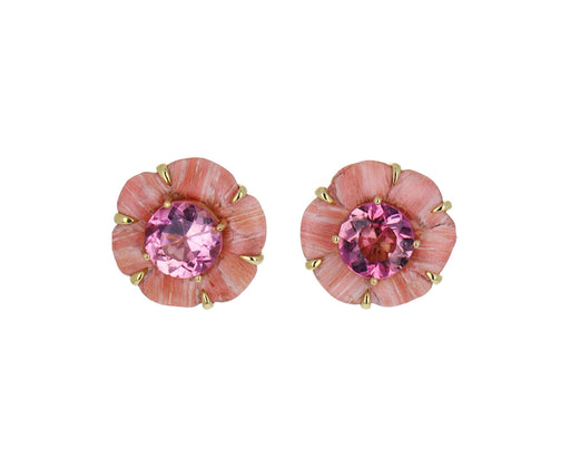 Pink Tourmaline and Pink Marquetry Botanical Flower Earrings