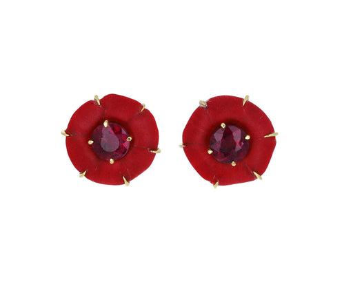Rubellite and Red Wood Marquetry Botanical Flower Earrings