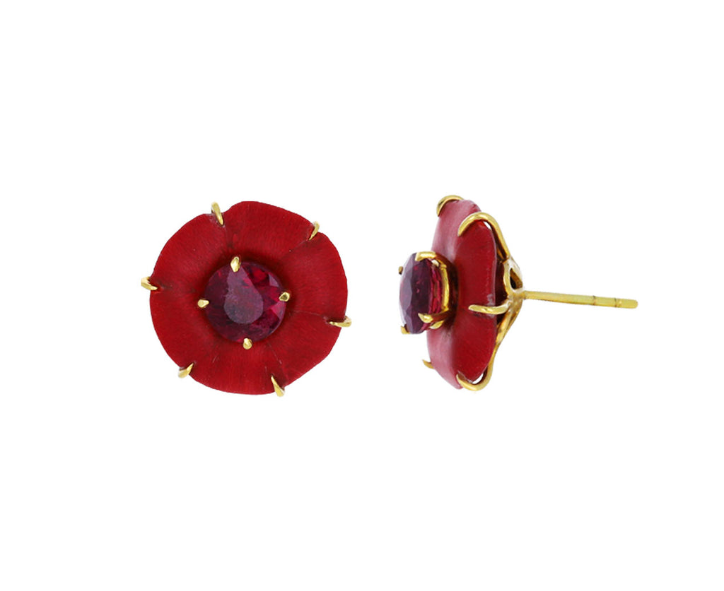 Rubellite and Red Wood Marquetry Botanical Flower Earrings