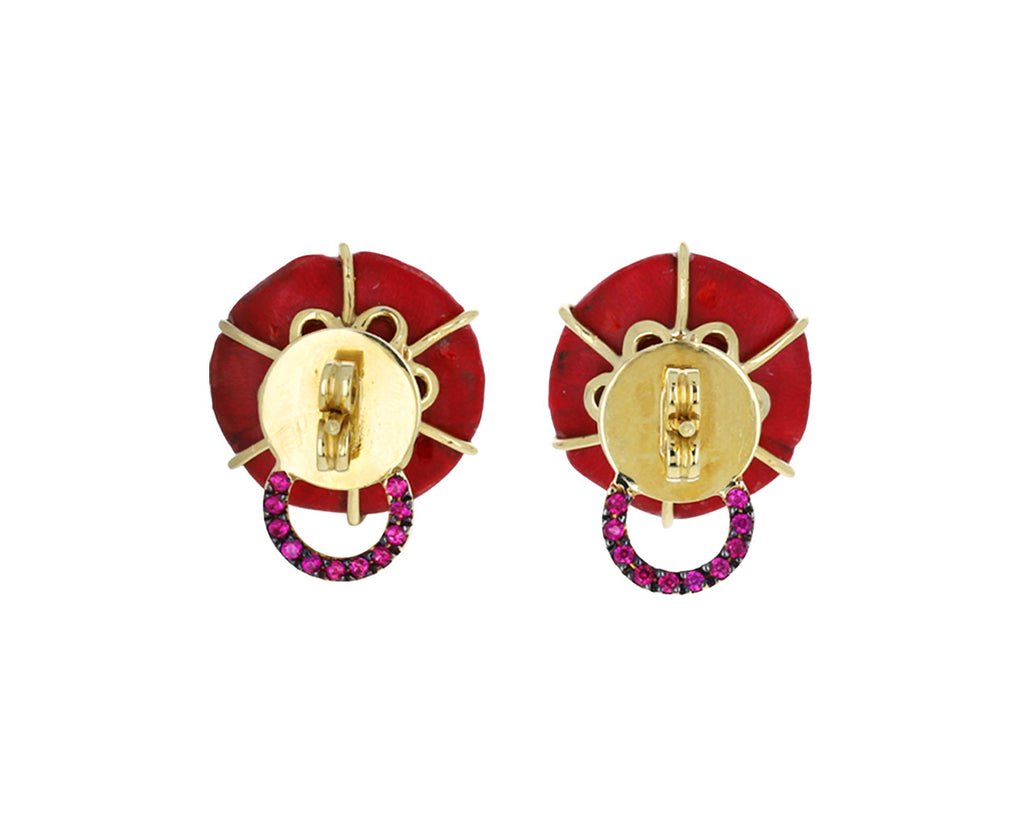 Rubellite and Red Wood Marquetry Botanical Flower Earrings