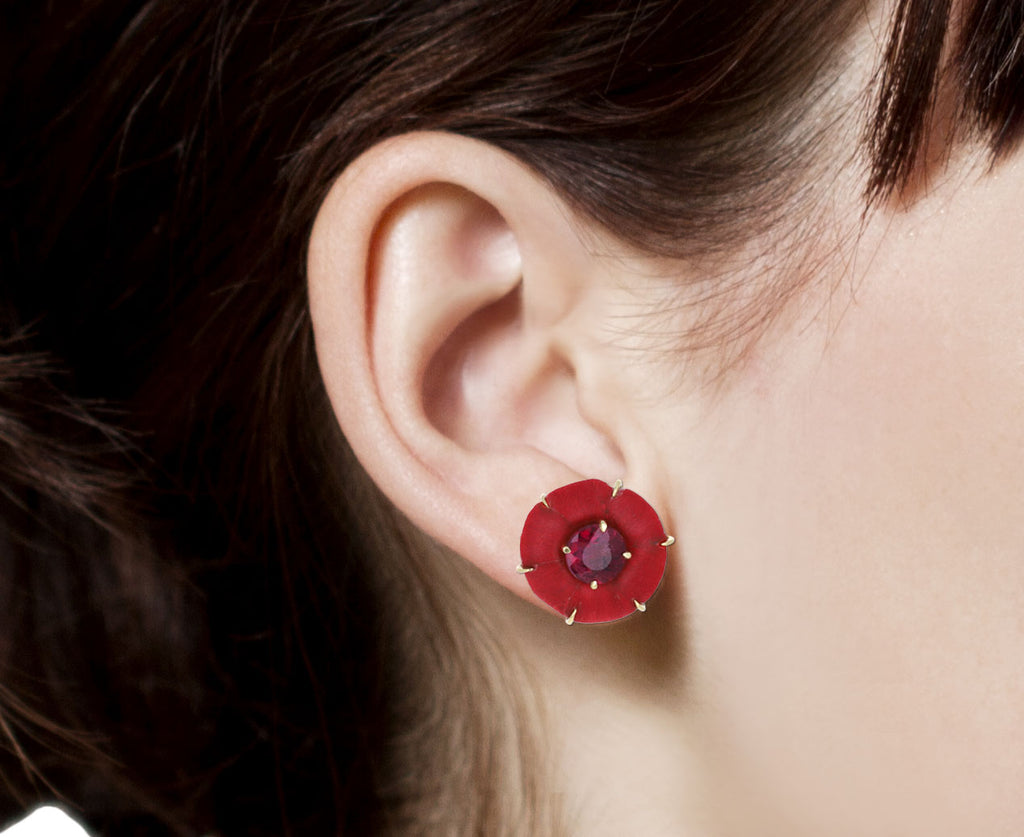 Rubellite and Red Wood Marquetry Botanical Flower Earrings