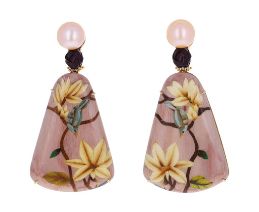 Pink Pearl and Bamboo Flower Marquetry Earrings