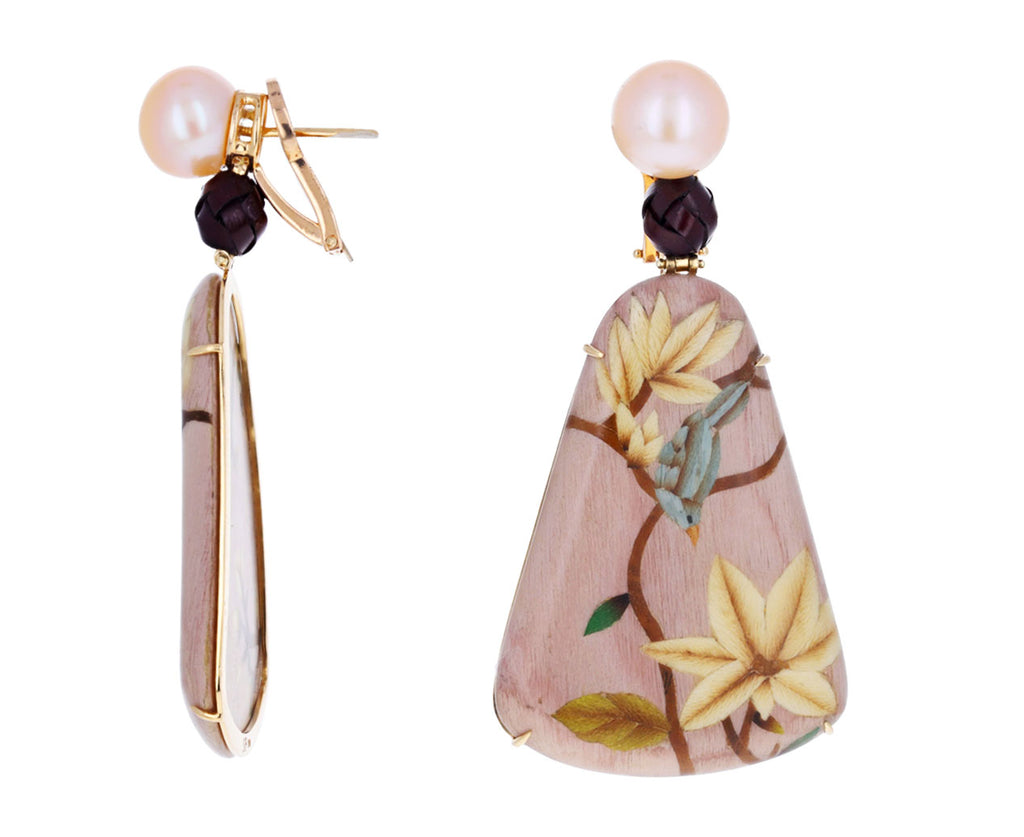 Pink Pearl and Bamboo Flower Marquetry Earrings