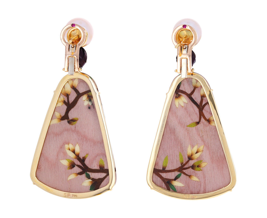 Pink Pearl and Bamboo Flower Marquetry Earrings