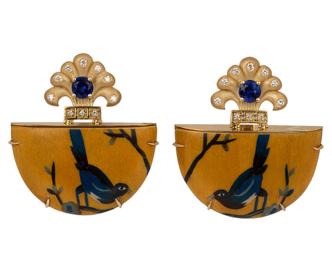 Silvia Furmanovich Kyanite, Diamond and Bird Marquetry Earrings