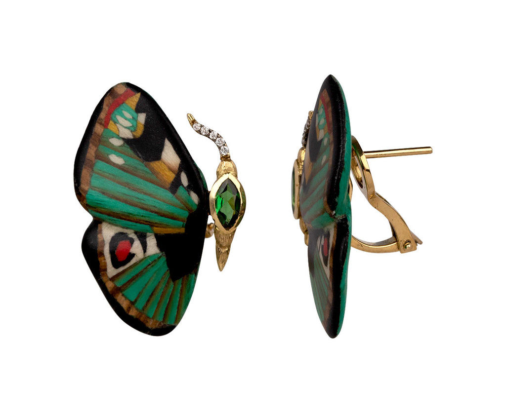 Silvia Furmanovich Green Marquetry Butterfly, Tsavorite and Diamond Earrings Side