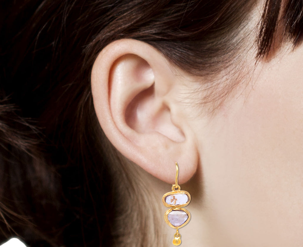 Judy Geib Rose Cut Pale Pink Sapphire Double Drop Earrings Close Up Profile