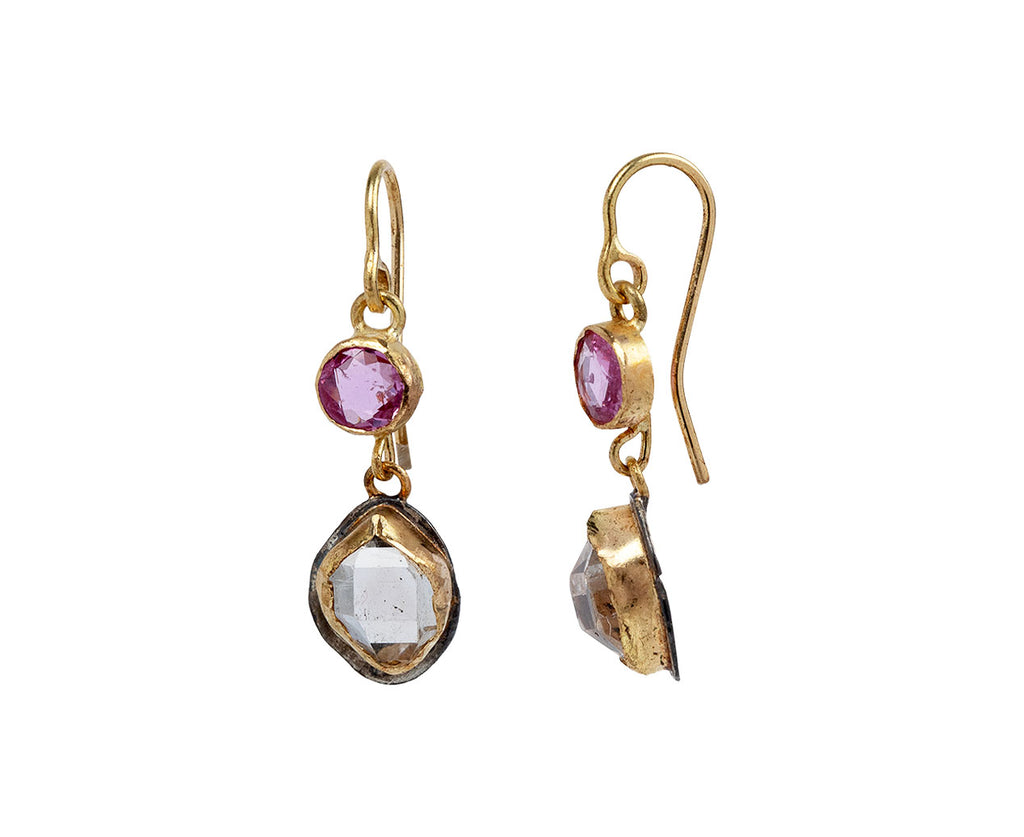Judy Geib Pink Sapphire and Herkimer Diamond Drop Earrings Side View