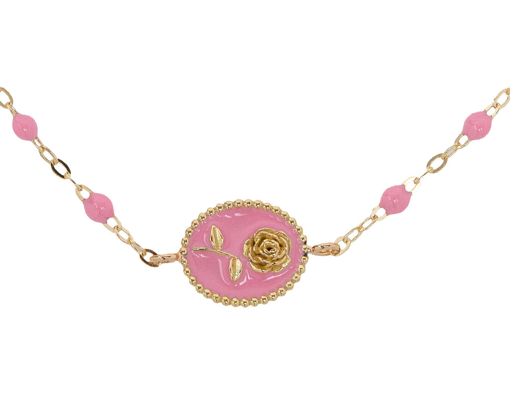 Rose Charm Fuschia Enamel Resin Beaded Bracelet