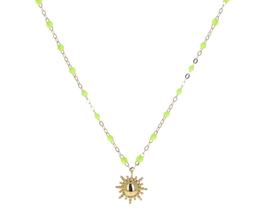 Neon Lime Resin Beaded Sun Pendant Necklace