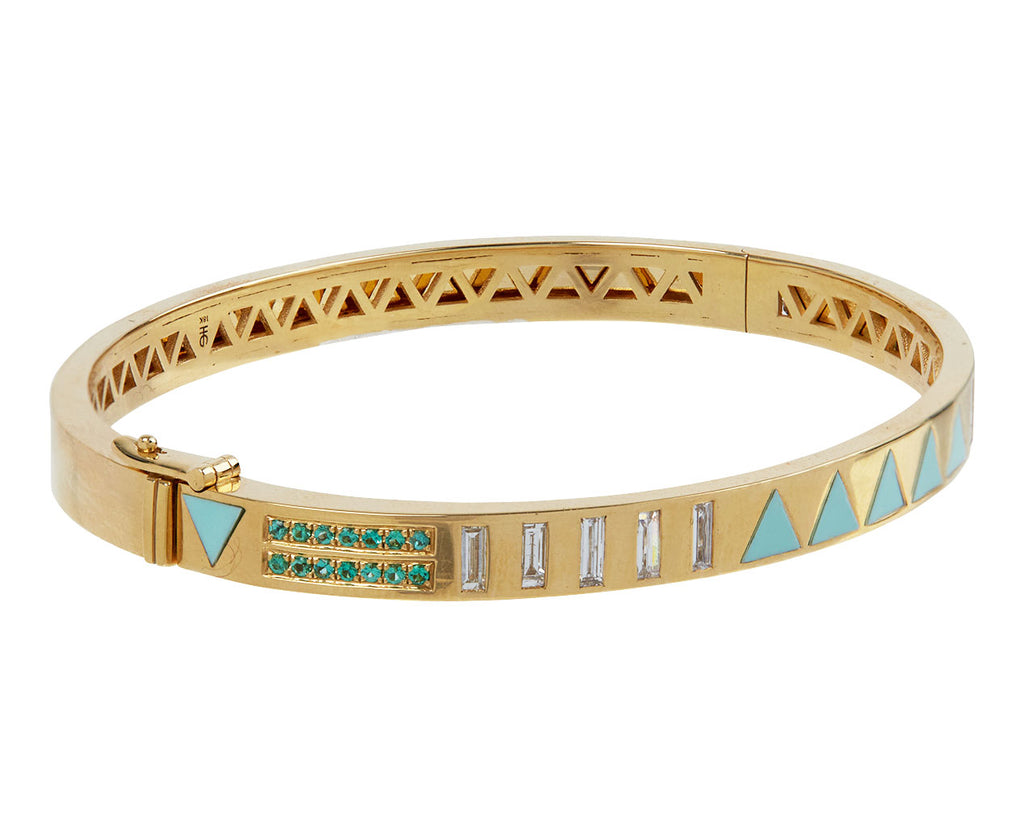 Harwell Godfrey Emerald, Diamond and Turquoise Juju Triangle Inlay Bracelet Side View