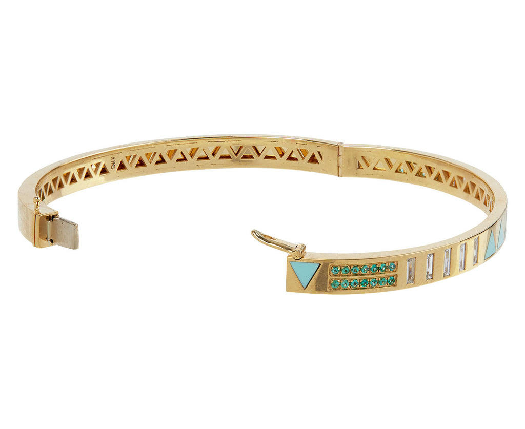 Harwell Godfrey Emerald, Diamond and Turquoise Juju Triangle Inlay Bracelet Clasp Open