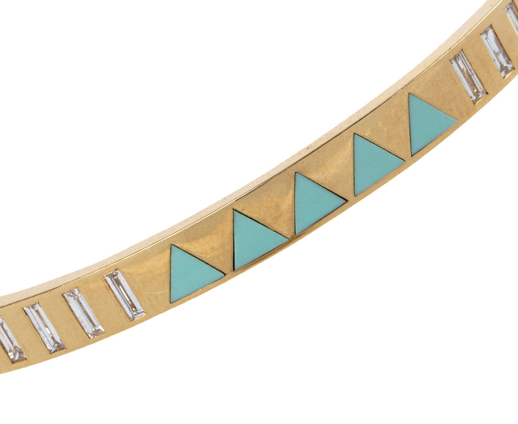 Harwell Godfrey Emerald, Diamond and Turquoise Juju Triangle Inlay Bracelet Close Up