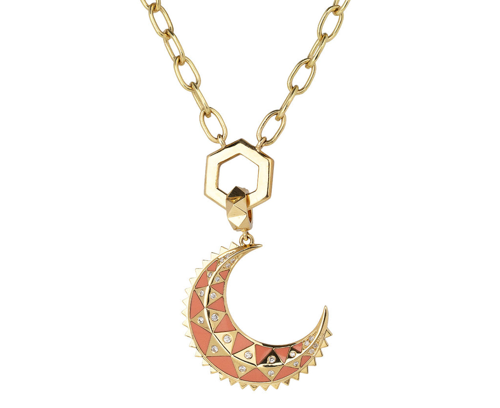 Harwell Godfrey Mini Coral Inlay and Diamond Crescent Charm Pendant ONLY On Chain