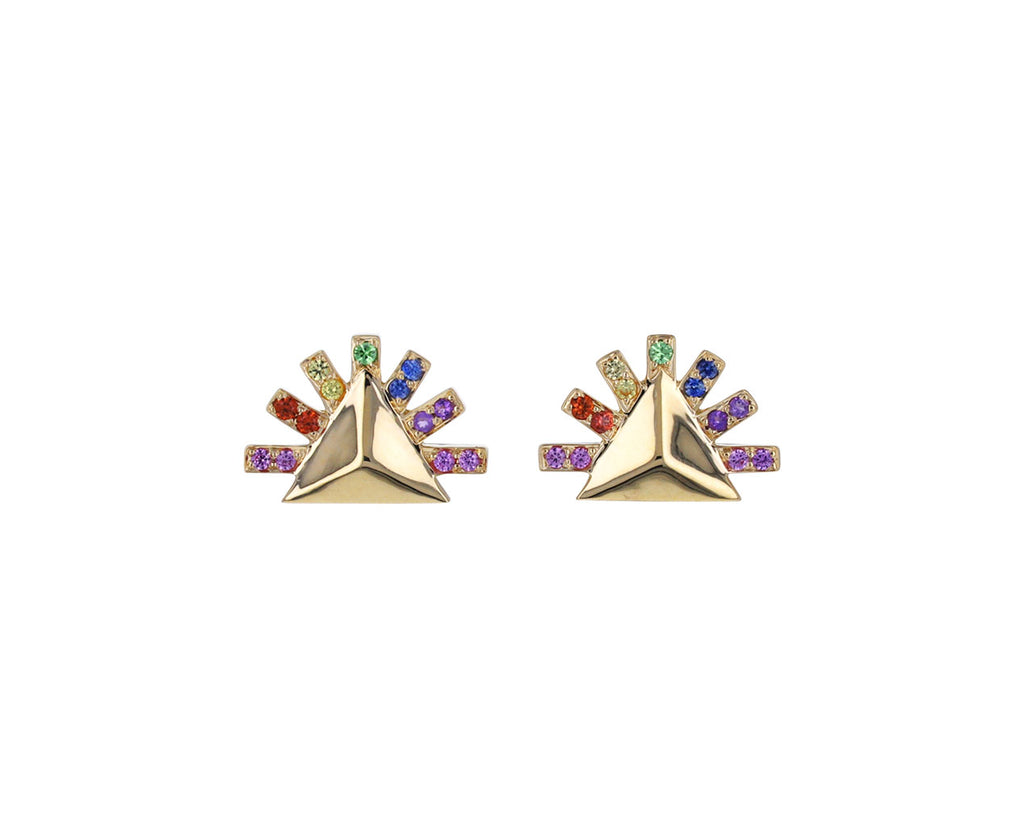 Rainbow Sapphire Sunburst Pyramid Stud Earrings