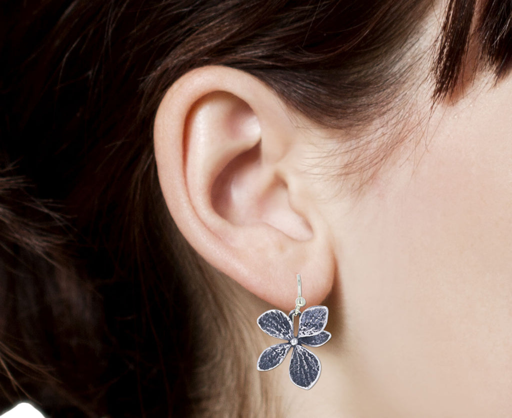 Oxidized Sterling Silver Single Hydrangea Drop earrings shown on ear