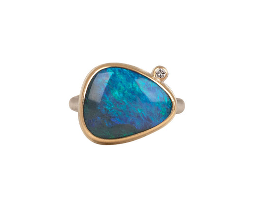 Asymmetrical Australian Black Opal and Diamond Ring Front
