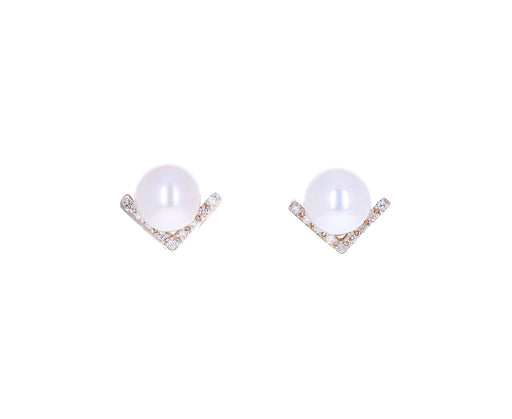 Pearl and Diamond Right Angle Sphere Stud Earrings
