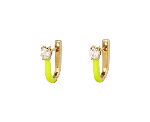 Neon Yellow Enamel Diamond Aria U Huggie Hoop Earrings