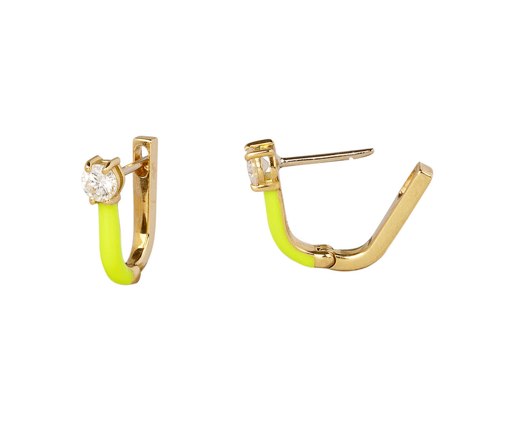 Neon Yellow Enamel Diamond Aria U Huggie Hoop Earrings