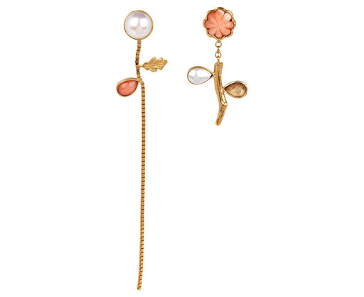 Grainne Morton Pearl and Coral Flower and Stem Chain Drop Earrings