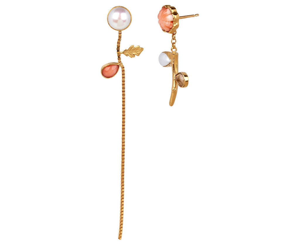 Grainne Morton Pearl and Coral Flower and Stem Chain Drop Earrings Side View