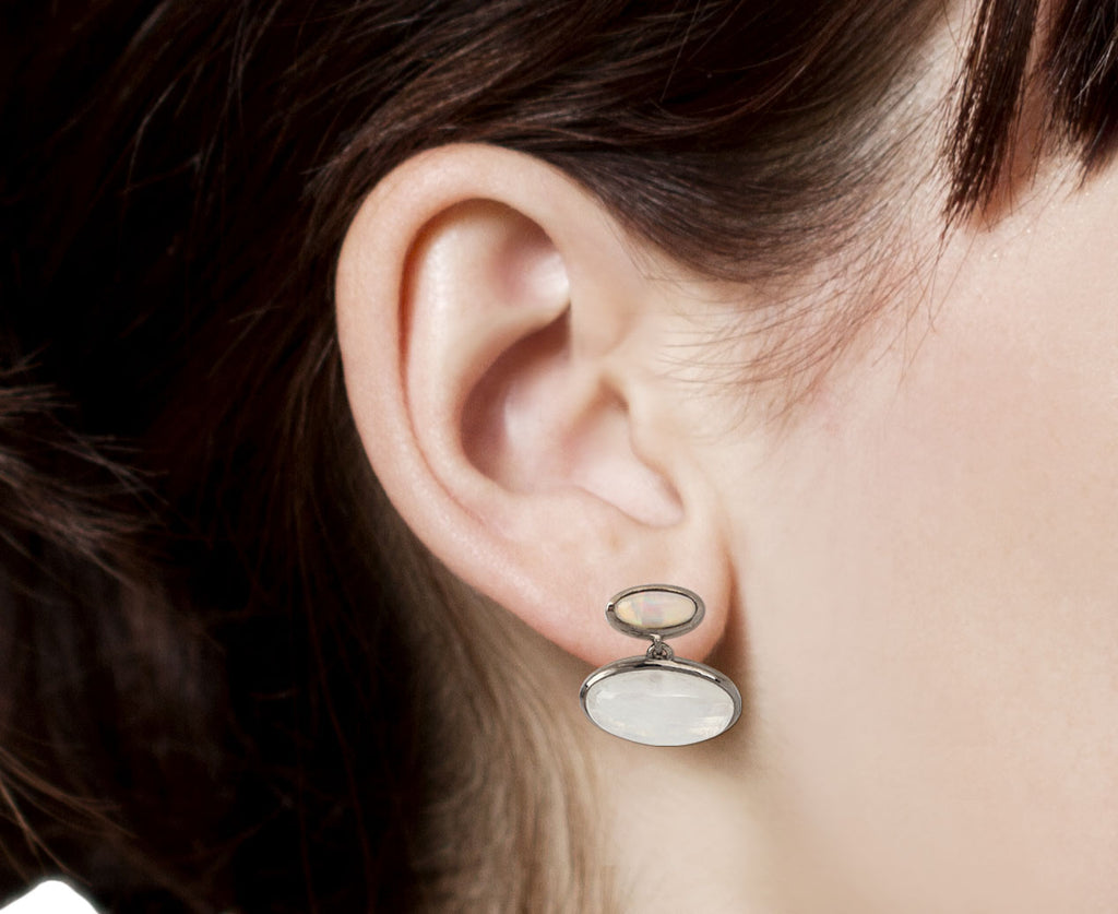 Rainbow Moonstone and Ethiopian Opal Orbit Earrings